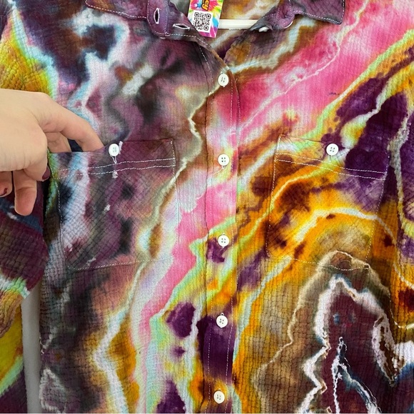 Handmade Geode Tie Dye Button Down Shirt Womens Small Colorful Cotton Crepe Pink - Picture 4 of 13